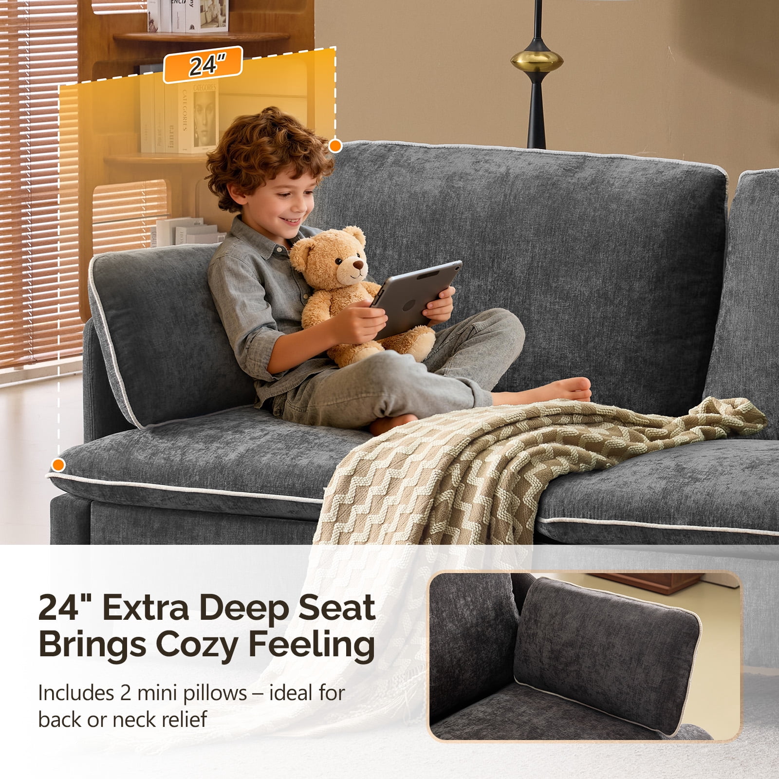Ktaxon 84" Sofa, Linen Fabric Deep Seat Couch with Lumbar Pillows, Oversized Loveseat for Small Spaces, Living Room Black