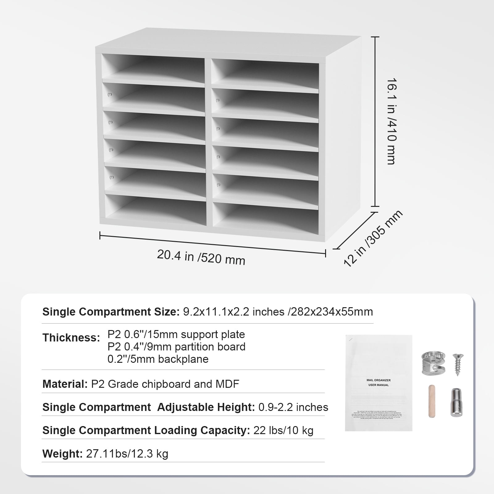 KFFKFF Wood Literature 12 Compartments Organizer Adjustable File Sorter White