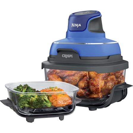 Restored Ninja Crispi Air Fryer, Microwave, Freezer & Dishwasher Safe, Glass Portable Cooking System, 4 QT & 6 Cup Glass Containers with Storage Lids, Easy Meals, Air Fry, Bake, Blue (Refurbished)