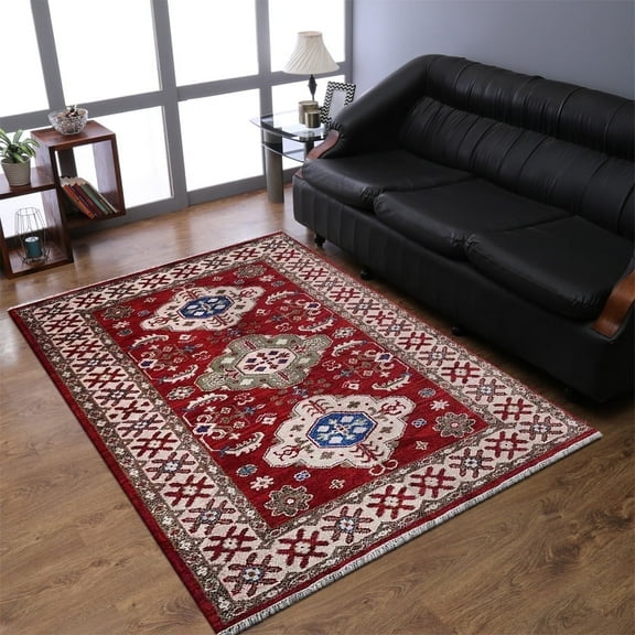 Rugsotic Carpets Hand Knotted Afghan Rugs Rectangle 9'x12' Red Cream Silk-Wool for Indoor Use