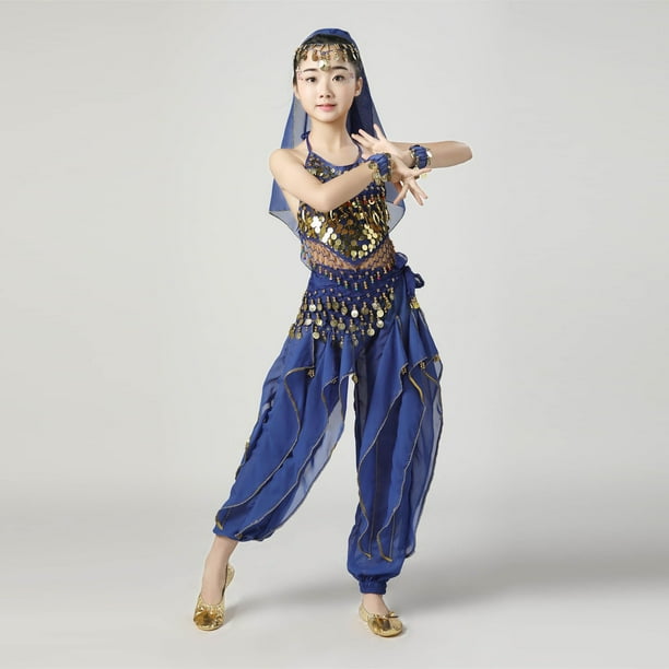 Conjuntos de top de lentejuelas sin mangas para niños, pantalones largos con cintura elástica, traje de baile dividido de talla mediana para niños con cadena en la cintura, diadema y pulsera, conjunto