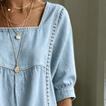 thumbnail image 4 of Morttic Women's Square Neck Faux Denim Mid Sleeve Blouse – Solid Color Casual Top with Lace Trim Front Summer Daily Outfit Light Blue，XL, 4 of 6
