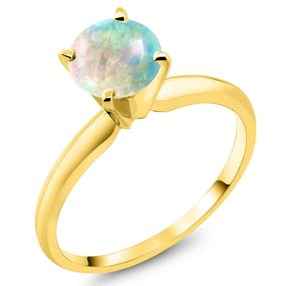 Gem Stone King 14K Yellow Gold White Opal Solitaire Engagement 4-Prong Ring for Women | 0.30 Cttw | Round 6MM | Gemstone October Birthstone (Size 5)