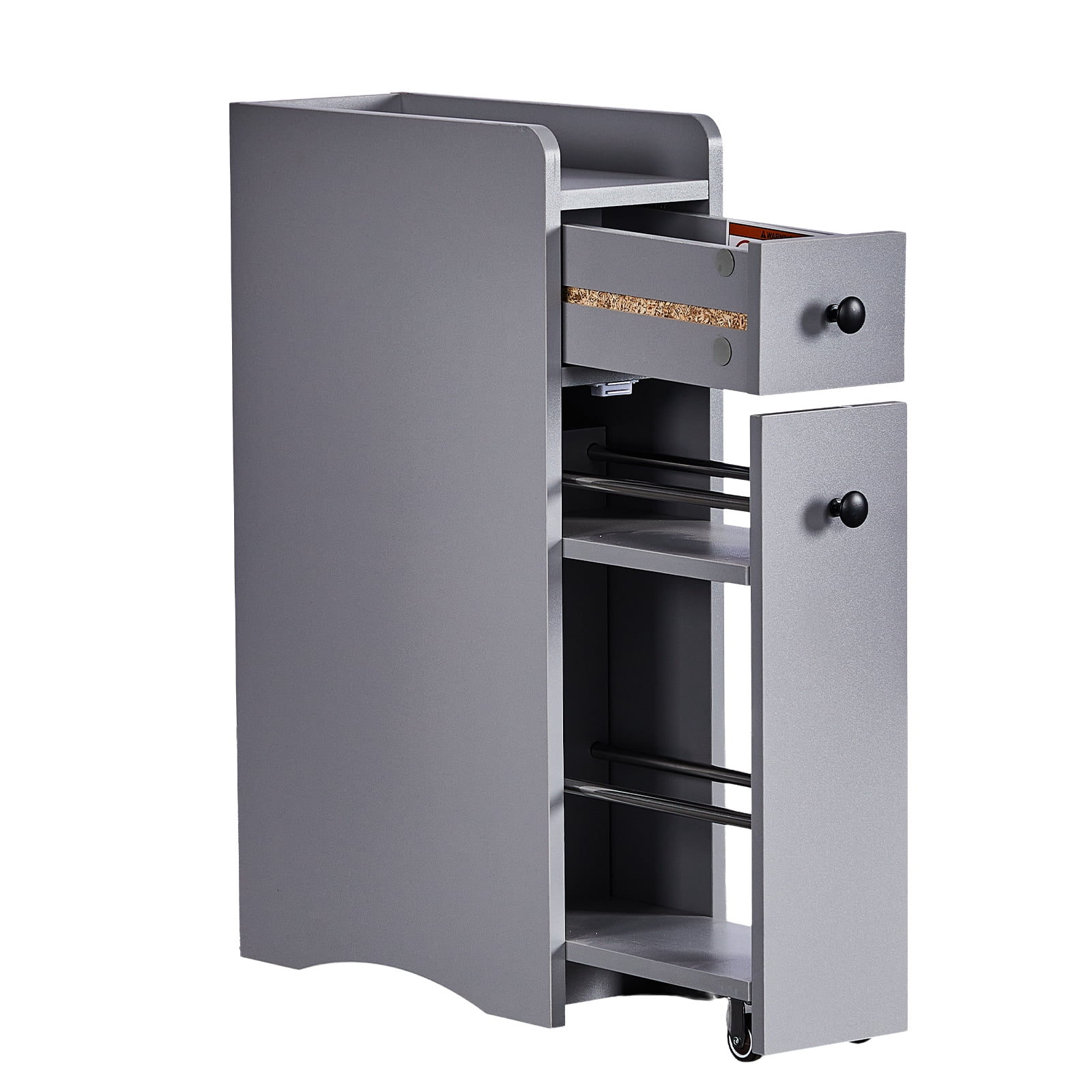 Slim Bathroom Tall Cabinet 18cm Width with 2 Drawers, Pull-Out Wheeled Rack & Guarded Bottom Shelf Moisture-Resistant Melamine for Toilet Sink Washing Machine Narrow Spaces