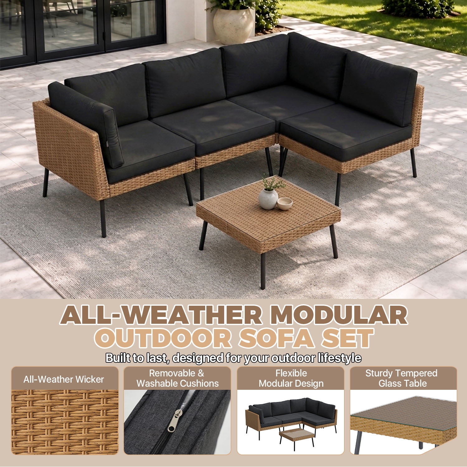 BaPiPro 5-Piece Modular Outdoor PE Rattan Sectional Sofa Set, All Weather Patio Furniture with Removable 4" High Density Cushions & Tempered Glass Coffee Table for Backyard Garden Courtyard, Black