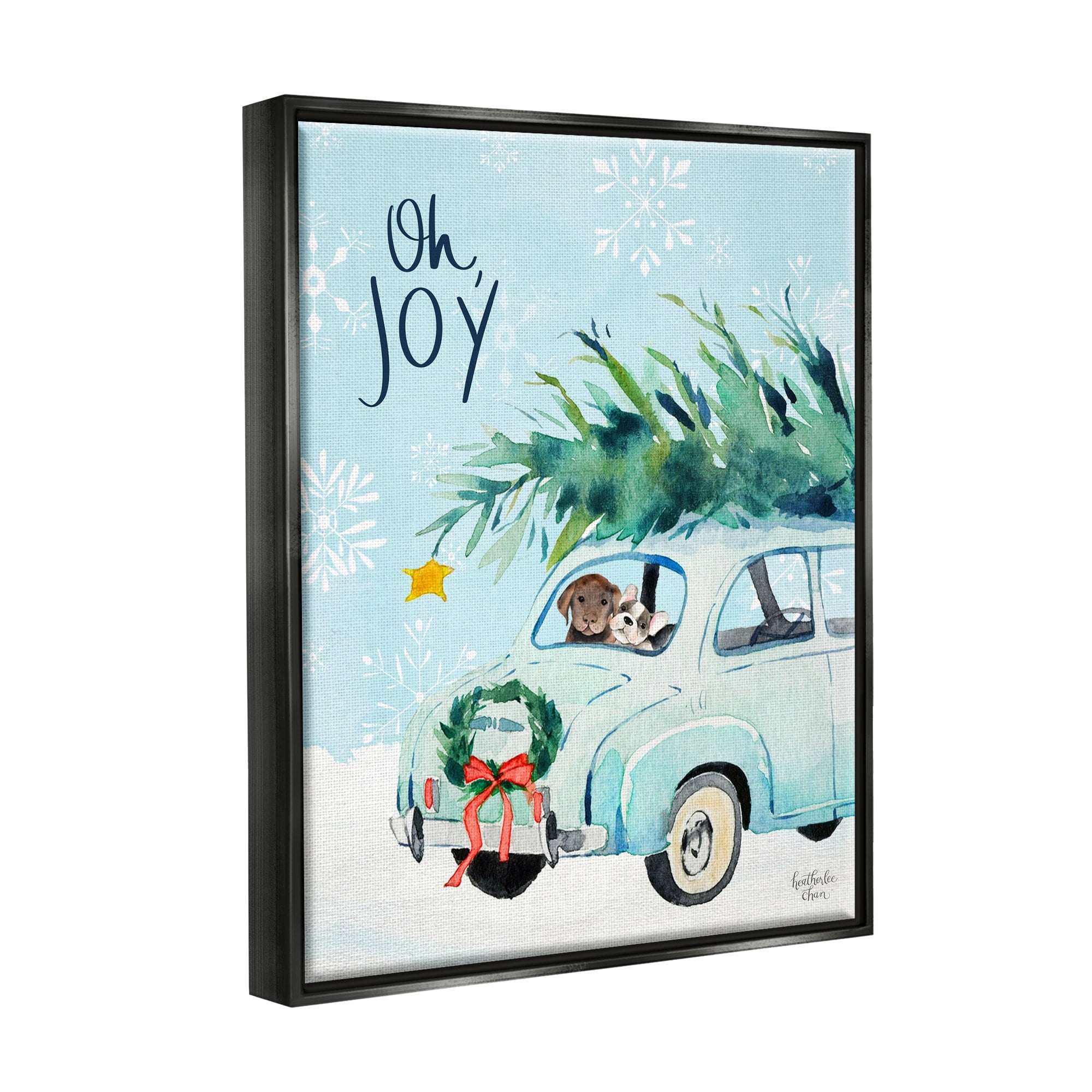 Stupell Industries Oh Joy Endearing Winter Calligraphy Puppies Scene Graphic Art Jet Black Floating Framed Canvas Print Wall Art, Design by Heatherlee Chan