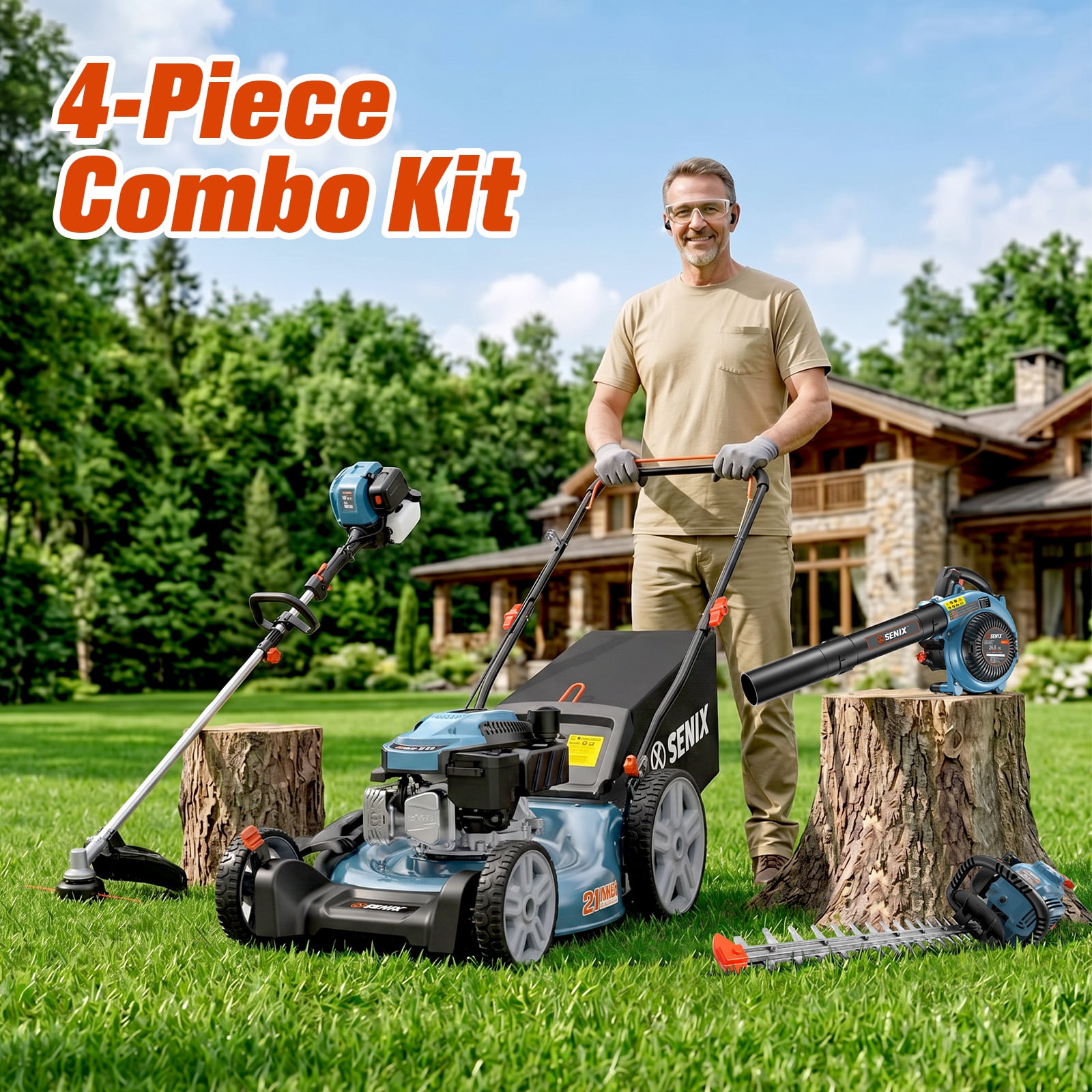 SENIX Gas 4-Tool Combo Kit, 21" 144cc Push Lawn Mower, 410 CFM 26.5cc Leaf Blower, 17" 26.5cc String Trimmer & 22" 26.5cc Hedge Trimmer, LM14-B4QL-GTS4QL-HT4QL