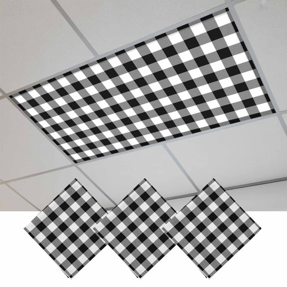 Black White Plaid Magnetic Fluorescent Light Covers for Ceiling Lights 2x4 Feet, Farmhouse Modern Art Checkered Office Classroom Kitchen Drop Ceiling Light Covers Lighting Filters Shade Panel 3 Packs