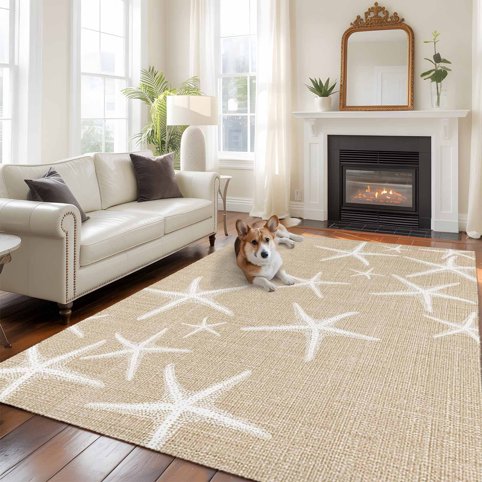Rectangle Area Rugs 8 x 10 Ft, Coastal Starfish Non-Slip Residential Carpet, Summer Ocean Waves Ombre Sea Beige Indoor Crawling Mats Runner Rugs for Living Room/Dining Room/Bedroom