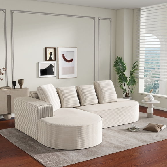 Blanc, Canapé Sans Cadre Entièrement Compressé, Canapé Modulaire Combiné (Fauteuil Inclinable en L), Canapé Combiné Moderne Style Nuage (Siège Profond), Canapé Compressé en Tissu Velours Côtelé