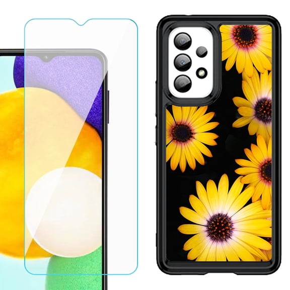 Shockproof Bumper (Black Frame) phone Case for Samsung Galaxy A23 5G, with Tempered Glass Screen Protector, by OneToughShield ® - Yellow Flower