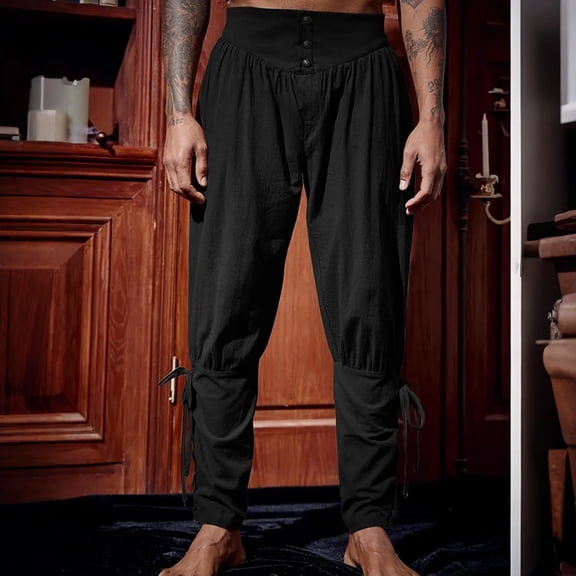 BVWKPCV Renaissance Costume Men's Pirate Pants Medieval Ren Faire Viking Colonial Navigator Halloween Ankle Banded Black XXL
