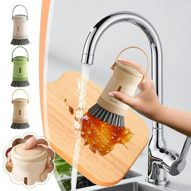 Cepillo para ollas dispensador de líquidos de cocina | Limpiador de botón de presión | Cepillo de fregar multifuncional para lavar platos encimeras de dormitorios | Cerdas duraderas | Recargable