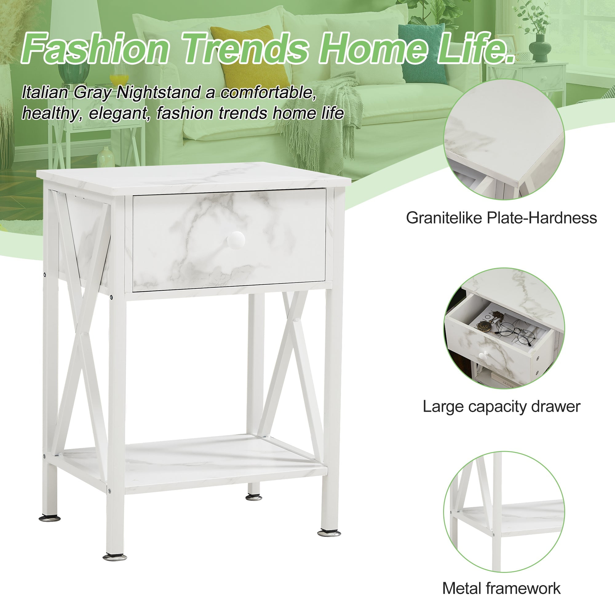VECELO Set of 2 Nightstand with Drawer and Open Storage Shelves, Bedside End Table for Bedroom Living Room, White