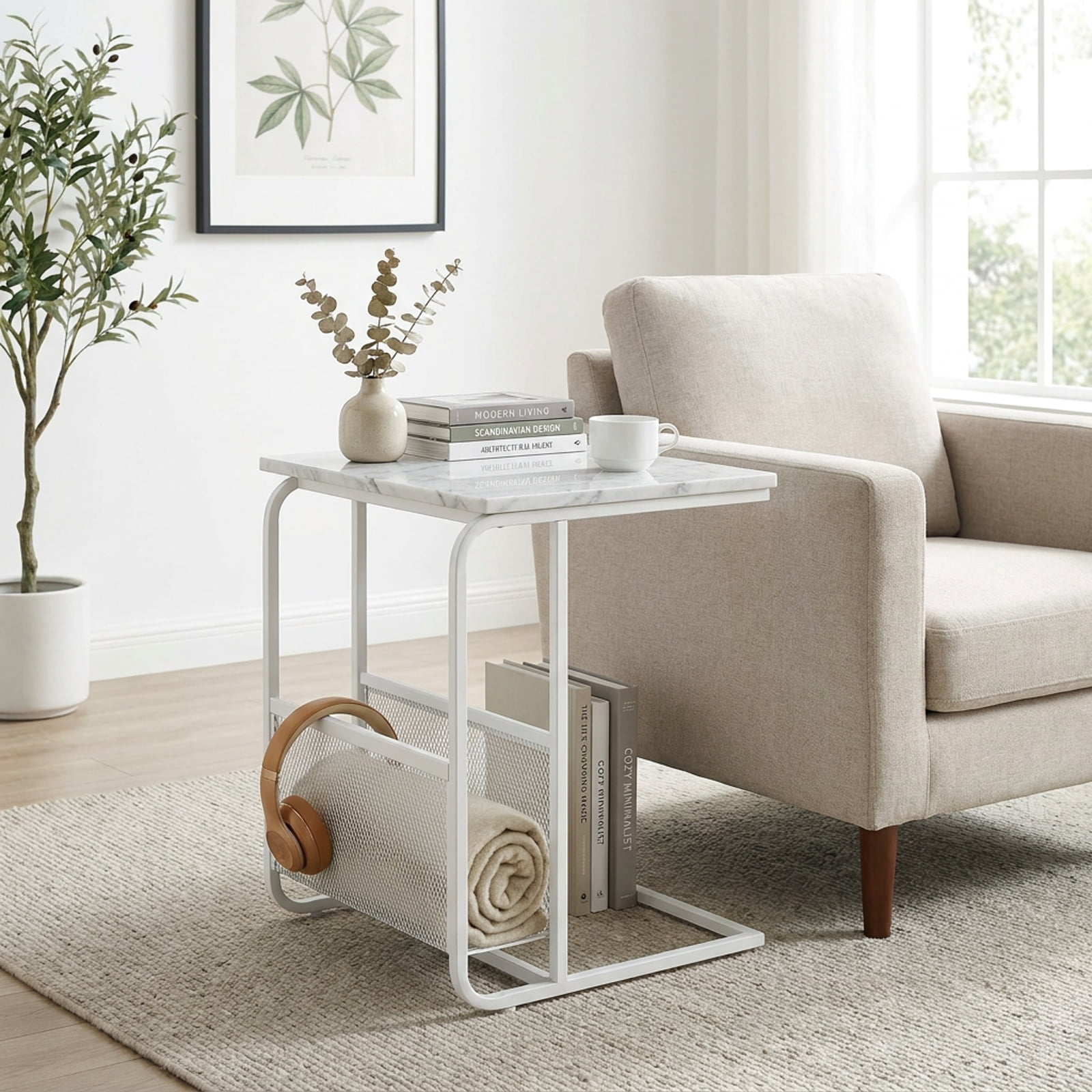 Furnibear Rolling Side Table 2 Tier Narrow End Table with Faux Marble Top and Mesh Storage Basket for Living Room Bedroom and Sofa Side, White