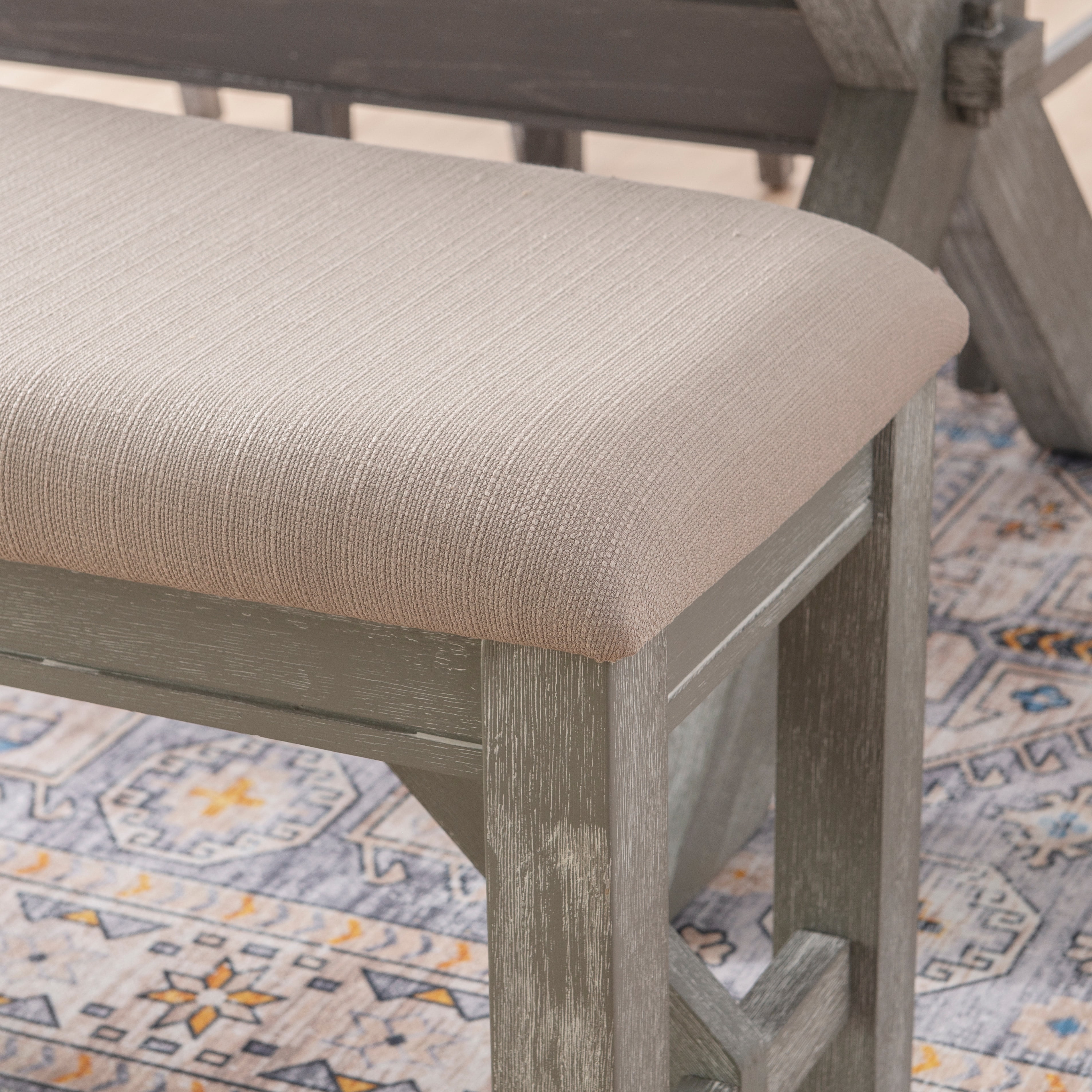 Correll Farmhouse Dining Bench, Weathered Gray Base with Tan Fabric