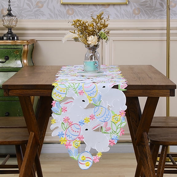 KOYPTL Easter Table Runner Spring Bunnys Flowery Table Runner Cutwork Embroidered Floral and Bunnys Dresser Scarf Table Topper Home Kitchen Dining Tabletop Decoration, 15x70 inch Long