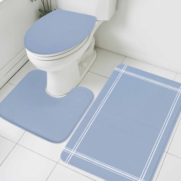 3 Piece Bathroom Rug Set, Light Blue Non Slip Bath Mat with Contour Toilet Mat and Lid Cover, Solid Color Absorbent Soft Shower Mats for Bathroom