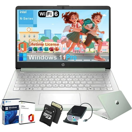 HP 14" Student Business Laptop Computer - Microsoft Office Lifetime & Windows 11 Pro • 16GB RAM • 128GB UFS & 256GB Extend Micro SD • Intel 4-Core Processor • HD Display (Green)