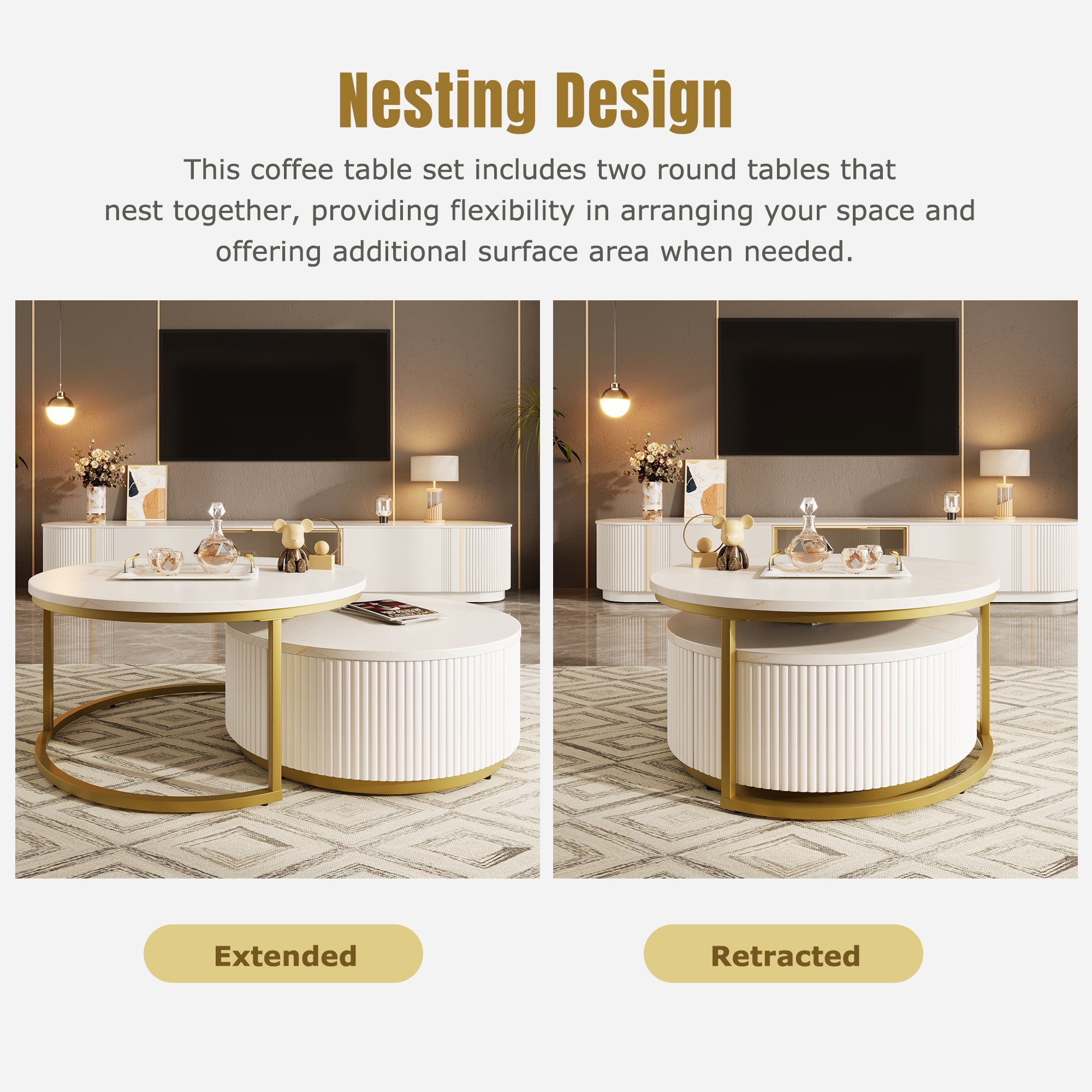 Harper & Bright Designs Round Nesting Coffee Table Set of 2, Golden Metal Center Table with Storage Drawer for Living Room, White 31.5'