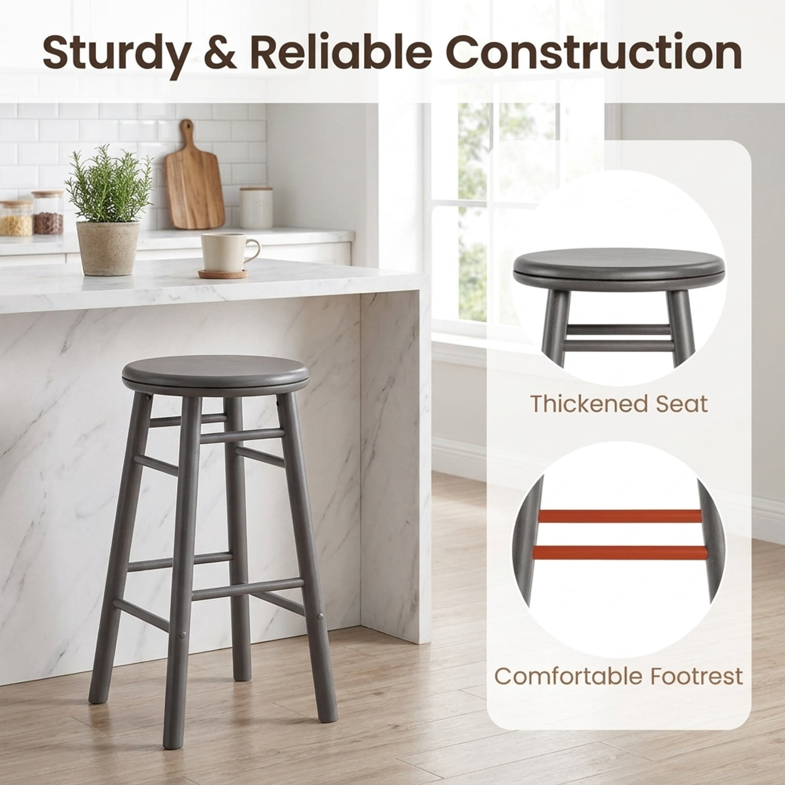 Furnibear 24 Inch Gray Swivel Bar Stools Set of 2 Rubber Wood Counter Chairs with Footrests and Crossbars