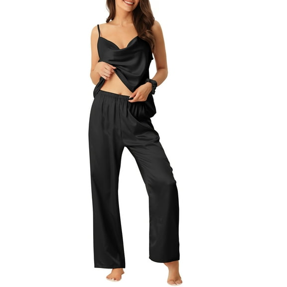 Unique Bargains Womens Satin Cowl Neck Cami Top with Long Pant Loungewear Pajama Set Black S