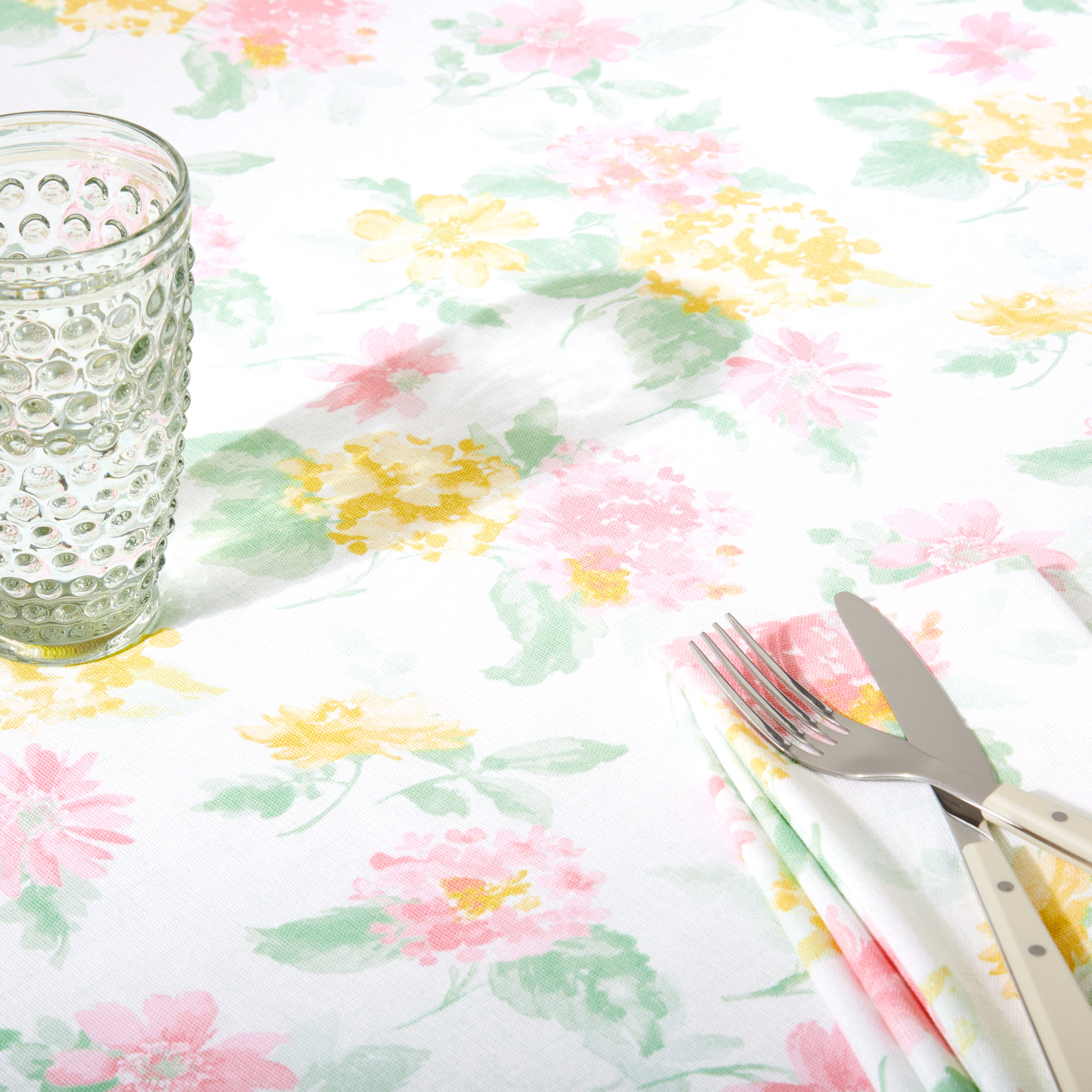 Martha Stewart Amber Floral Fabric Tablecloth Single Pack, Pink/Yellow, 60"x84"