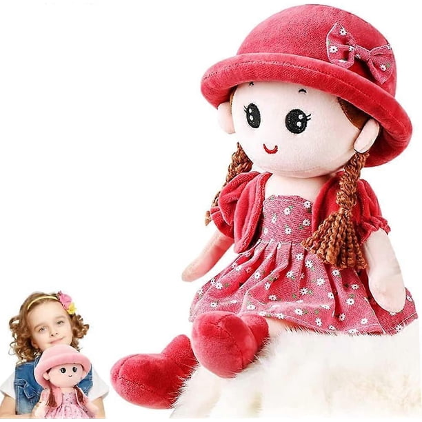 35CM watermelon red Adorable Plush Soft Baby Girl Dolls Cuddly Ragdoll Princess Doll with Removable Dress Hat Baby First Rag Doll Sleeping Cuddle Budd