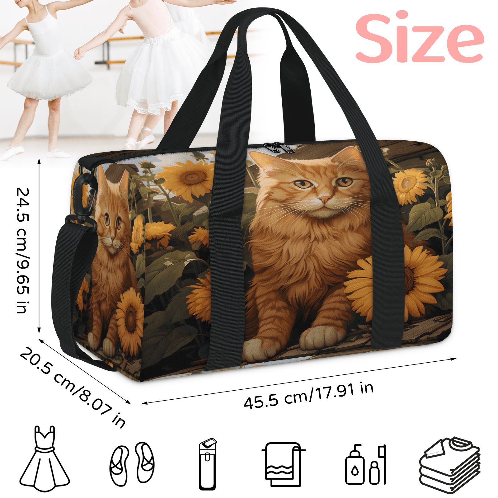 Herdesigns Yellow Cat Sunflower Gym Bag for Women, Duffle Bag for Travel Sport, Lightweight Waterproof Carry on Weekender Overnight Dance Yoga Workout Bags