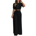 thumbnail image 2 of Uootdi 2 Piece Sets for Women Dressy Puff Sleeve Round Neck Decorative Button Top Tailored Palazzo Pants Chic Daily Matching Outfits, 2 of 7