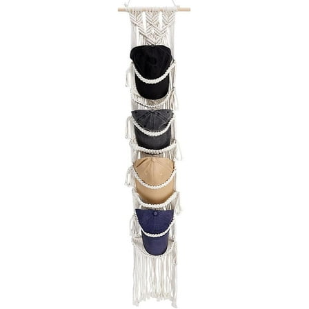 1 Set Macrame Cap Holder Boho Hat Organizer for Baseball Caps 8 Caps Hat Wall Organizer for Caps Hat Rack for Wall Hanging Handmade Cap Hanger with Adhensive Wooden Hook for Storage Organizer