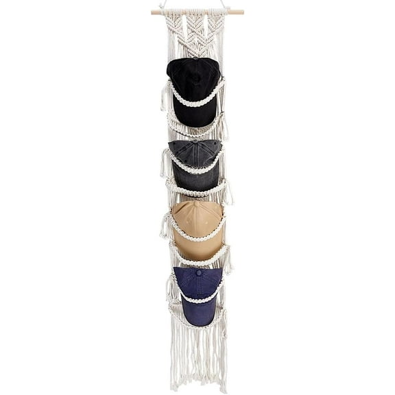 1 Set Macrame Cap Holder Boho Hat Organizer for Baseball Caps 8 Caps Hat Wall Organizer for Caps Hat Rack for Wall Hanging Handmade Cap Hanger with Adhensive Wooden Hook for Storage Organizer