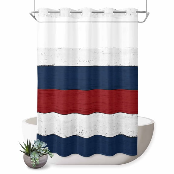No Hook Shower Curtain with Built-in Rings - Red White and Blue Wood Txtured Washable Waterproof Fabric Bathroom Curtains for Hotel,Rentals, Stall 48 X 72 Inch , Farmhouse Barn Wood