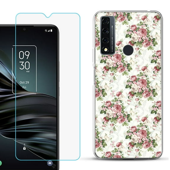 Slim-Fit Fashion Phone Case for TCL 20 XE, with Tempered Glass Screen Protector, by OneToughShield ® - Floral/Rose