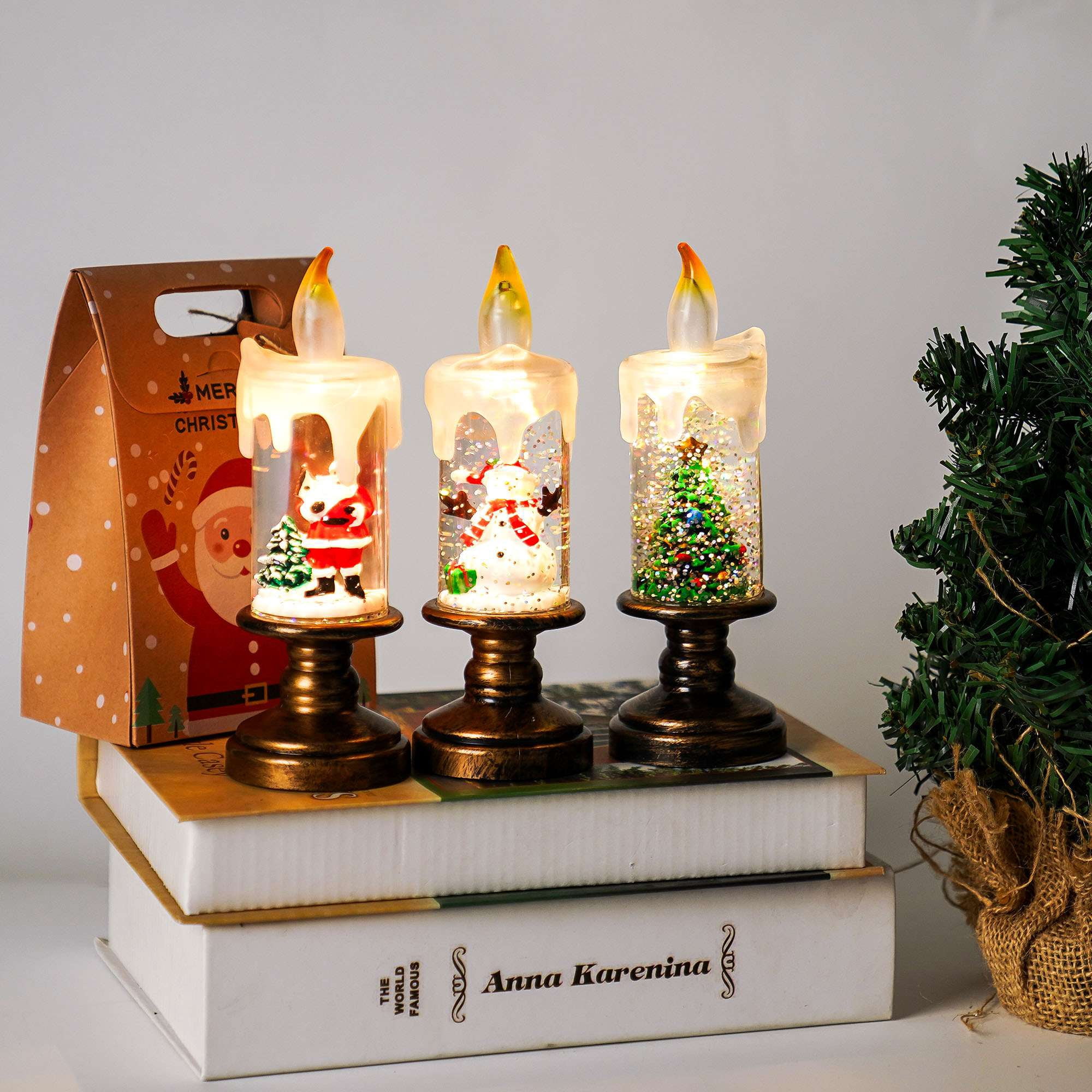 Deago Christmas Flameless LED Candles Set of 3 with Santa Claus, Snowman, Xmas Tree - Battery Operated Christmas Themed Festival Gift Decorations