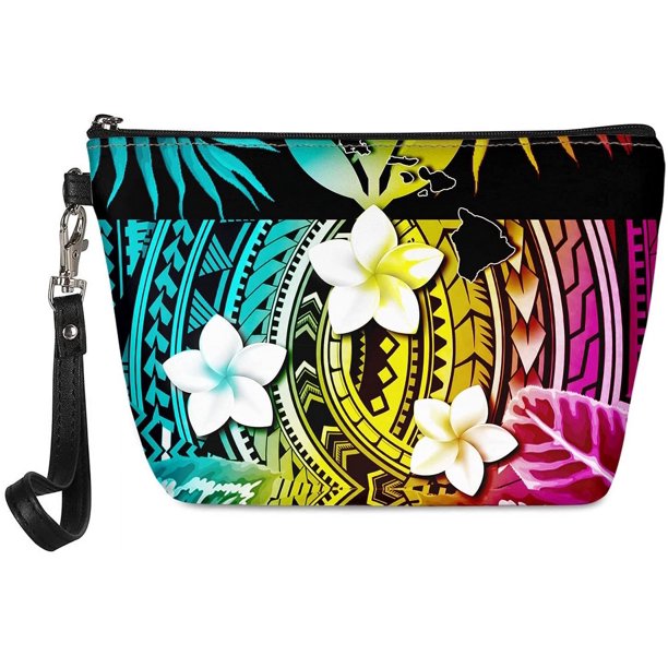 Bolsa de maquillaje polinesia para mujeres y adolescentes, estuche de cosméticos para viajes, bolsa portátil, bolso de mano de cuero, tribal, turquesa, arcoíris