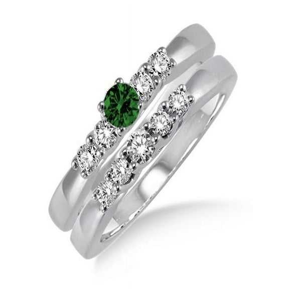 1.25 Carat Emerald & Diamond Elegant 5 stone Bridal Set on 10k White Gold