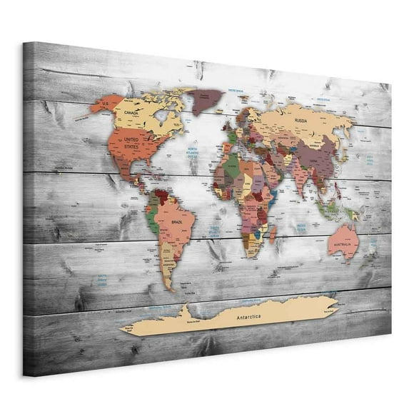 artgeist Canvas Wall Art Print World Map 35x24 in - 1pcs Home Decor Framed Stretched Picture Photo Painting Artwork Image World Travel Map Wood k-B-0009-b-c