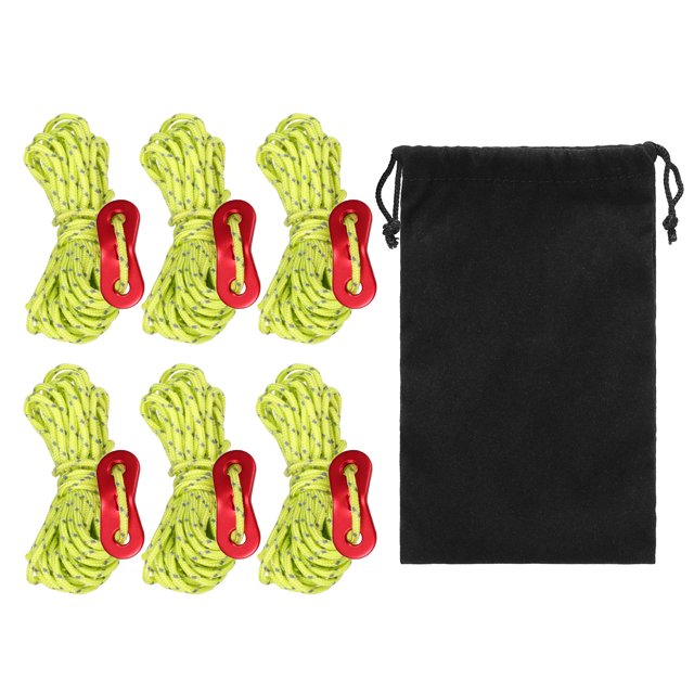 6-Pack Reflective Camping Rope Kit with Aluminum Alloy Tensioners - 4m Polypropylene Fiber Cords, Sturdy Tent Canopy Accessories for Hanging Clothes & Luggage, Includes Storage Bag (Green)