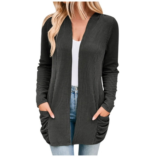 Yuyuzo Cardigan for Women 2025 Fall Open Front Knit Sweater Long Sleeve Striped Cardigans with Pockets