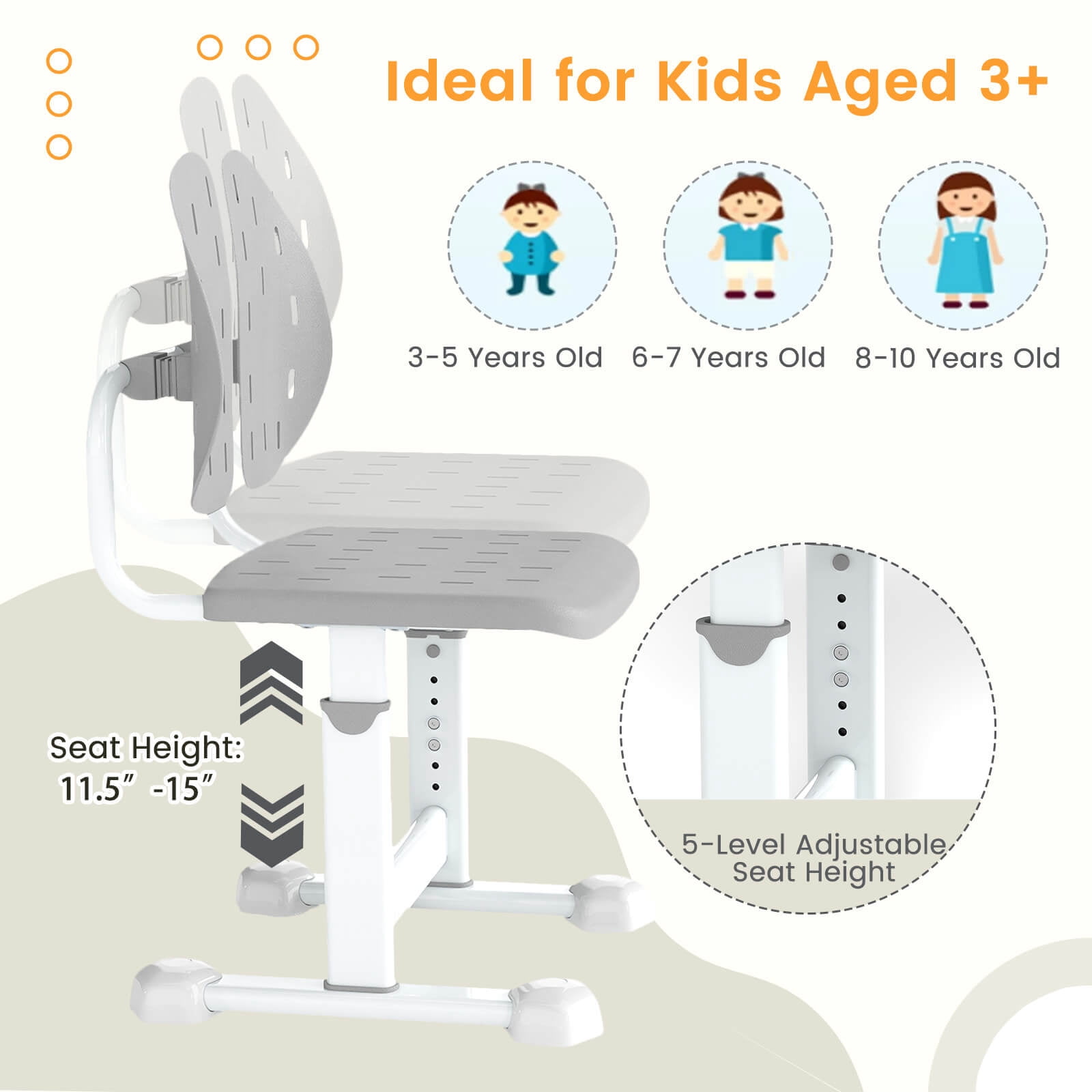 Costway Kids Desk Chair with Adaptive Double Backrest, Adjustable Height, Breathable Seat Gray