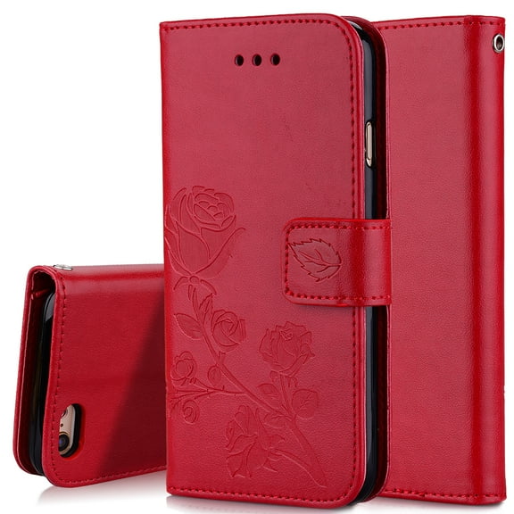 iPhone 6S Plus/ iPhone 6 Plus 5.5-inch Phone Case, Allytech [Embossed Rose Series] Folding Folio Flip Case with Kickstand Card Holders Magnetic Closure Full Body Protection Cover Shell, Red