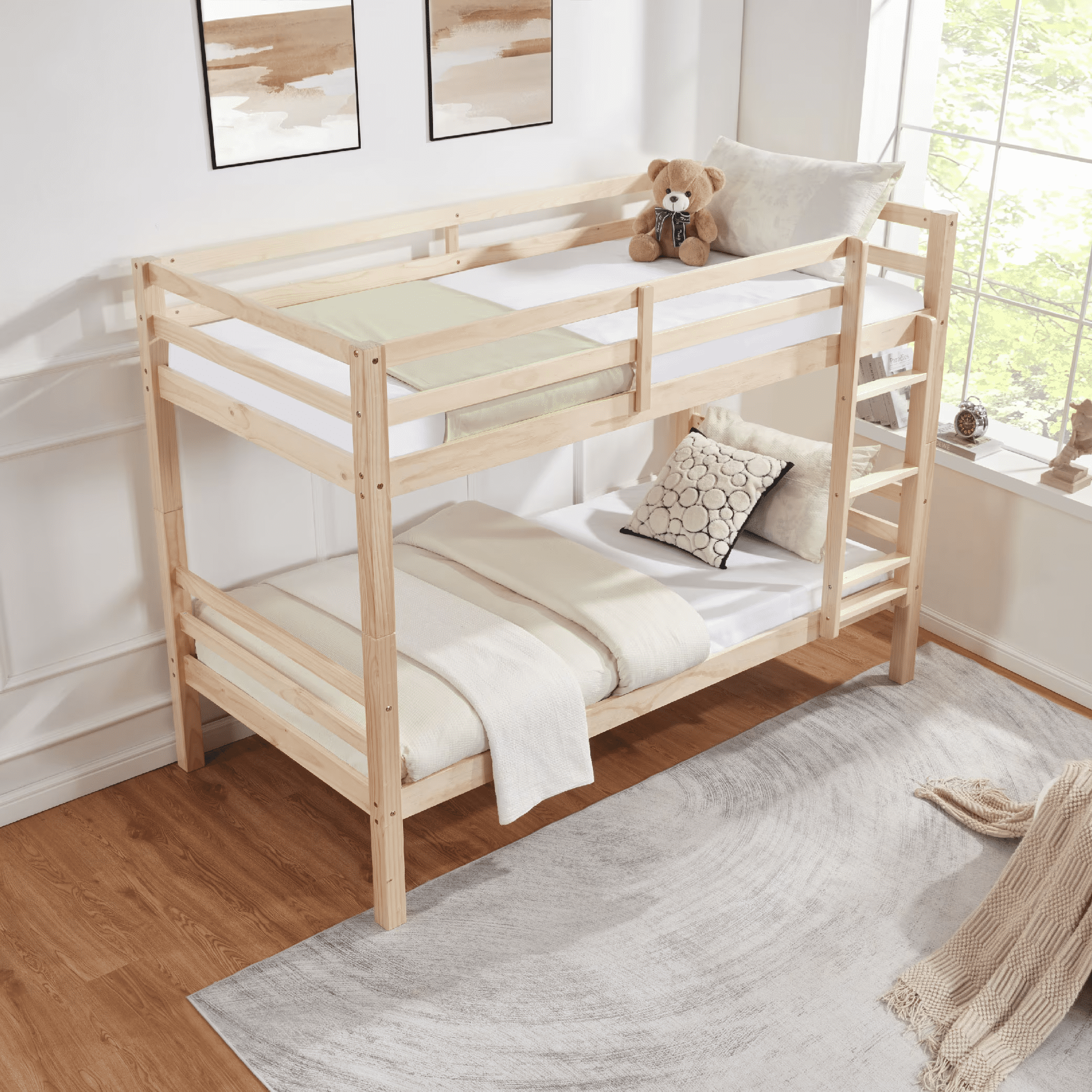 MAYEERTY Twin over Twin Bunk Bed with Thick Posts, Wooden Bed Frame with High Guardrail and Ladder for Kids, No Box Spring Needed, Natural