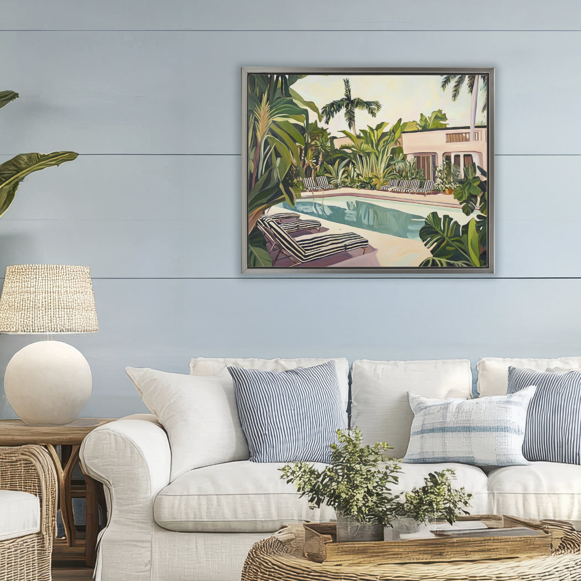 Stupell Industries Poolside Resort Lounge Chairs Gray Framed Floater Canvas Wall Art, design by Sisi and Seb
