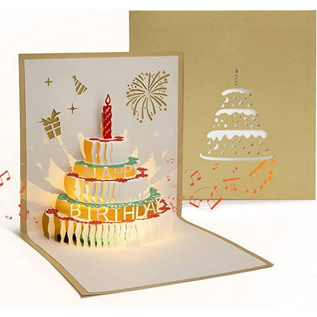 Tarjeta de cumpleaños Mujer Hombre Tarjetas de felicitación con música y luz, Invitación de cumpleaños Niña Niño, Tarjeta de felicitación emergente 3D con sobre, Oro