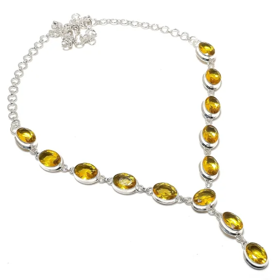 Citrine Gemstone Necklace Handmade Beautiful Necklace Lab-Created Oval Cushion Yellow Citrine 925 Sterling Silver Plated Jewelry 22 Inch Adjustable Necklace