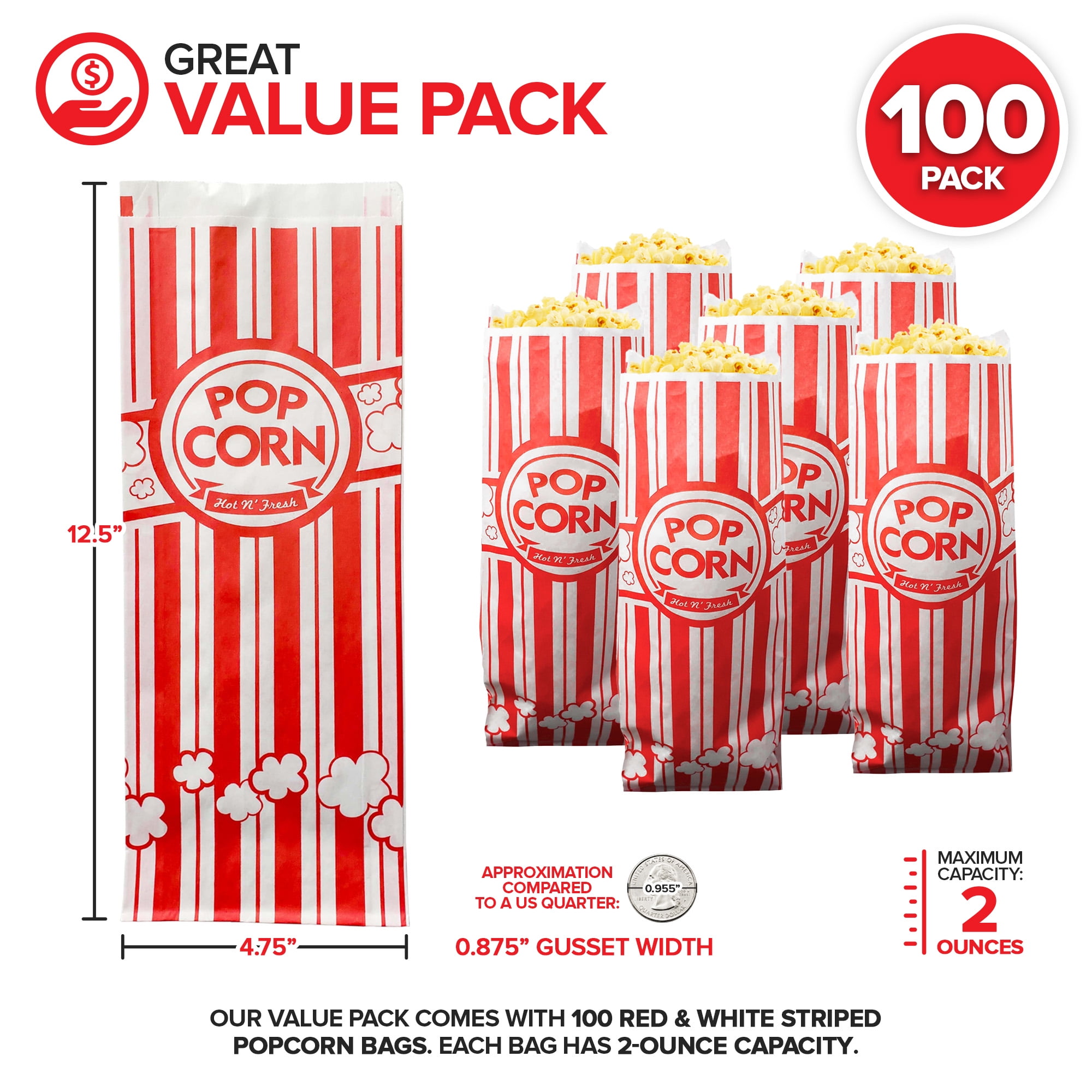 Stock Your Home 2 oz Paper Popcorn Bags Bulk (100 Pack) Large Red & White Pop-Corn Bag Disposable