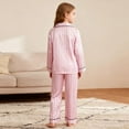 thumbnail image 4 of LEKWK 2-Piece Pajama Set for Girls Silky Satin Striped Long Sleeve Button-Down Top Matching Long Pants Soft Breathable Sleepwear Homewear Outfits, 4 of 7