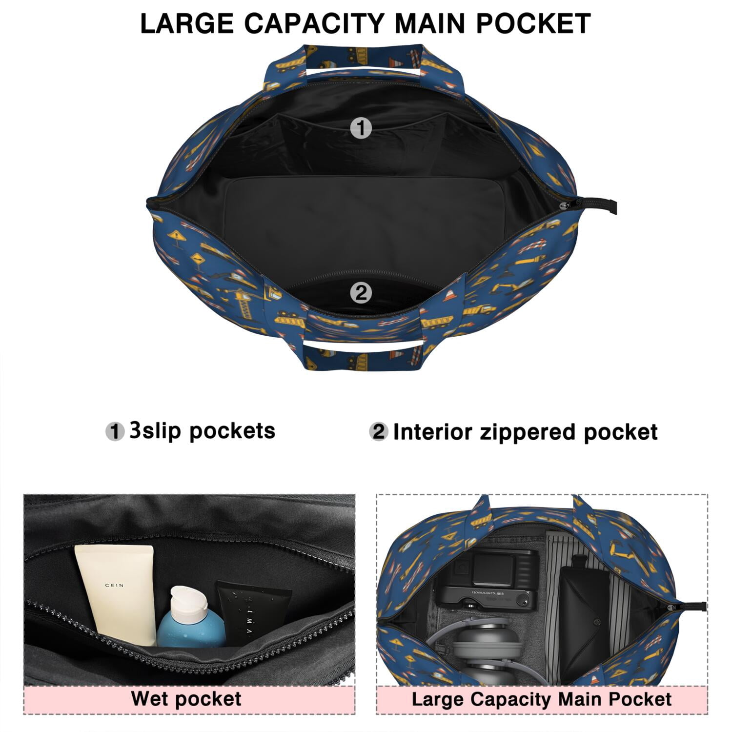 Cartoon Construction Vehicles Traffic Cones Travel Tote Bags for Women Carry On,Large Weekender Bags for Women Travel,Multi Functional Duffle Bag for Work,Shopping,Sports