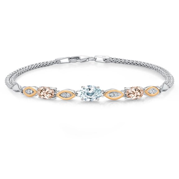 925 Silver and 10K Yellow Gold Sky Blue Aquamarine and Peach Morganite and White Lab Grown Diamond Bracelet for Women (1.81 Cttw, Gemstone March Birthstone, Oval, Wheat Chain, 7 inches)